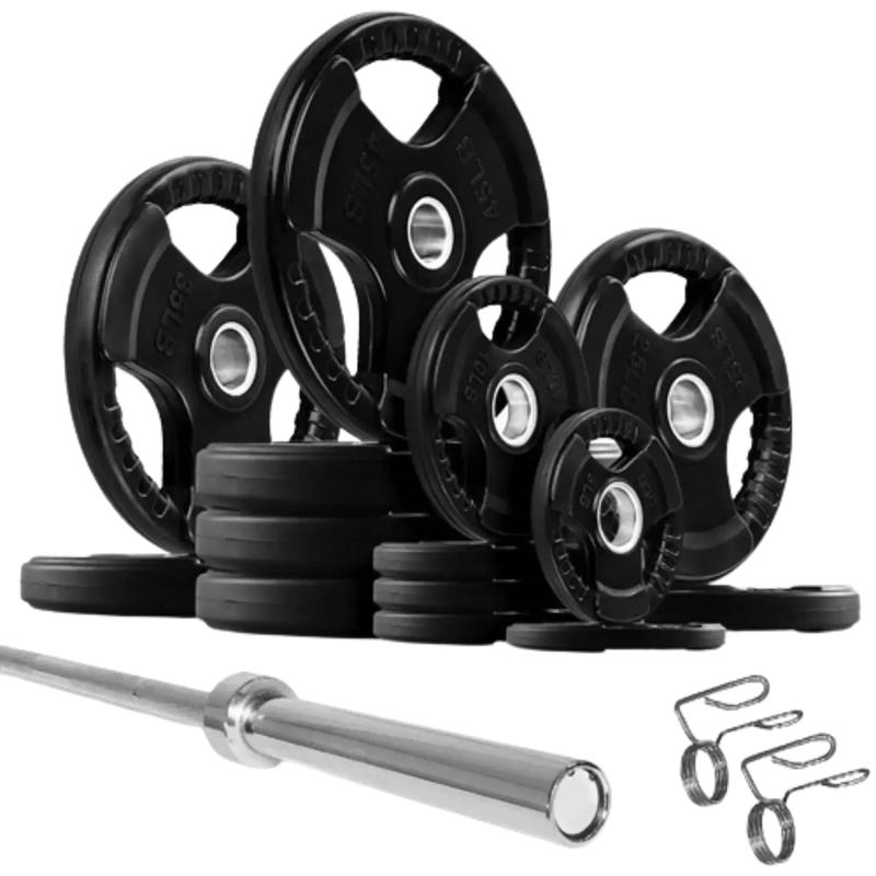 French Fitness Rubber Grip Weight Plate Set w/7 ft Olympic Bar 495 lbs (New)